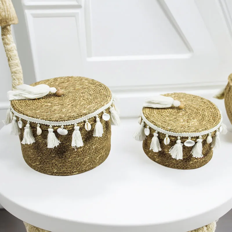 Nivasa Sea Grass Natural Fiber Storage Basket (White/Beige) - Set Of Two media 1