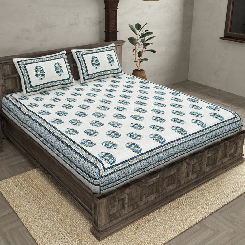 Agriya Ethnic Printed Cotton Bedsheet (Blue) - 144 TC media 1