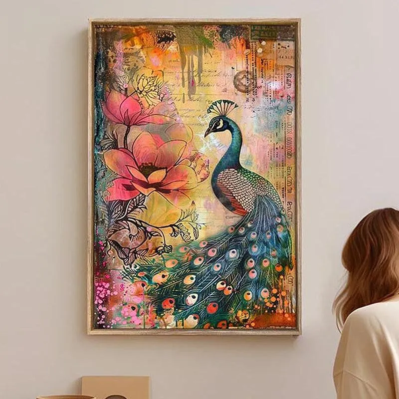 Peacock & Petals Canvas Traditional Wall Art With Frame media 6
