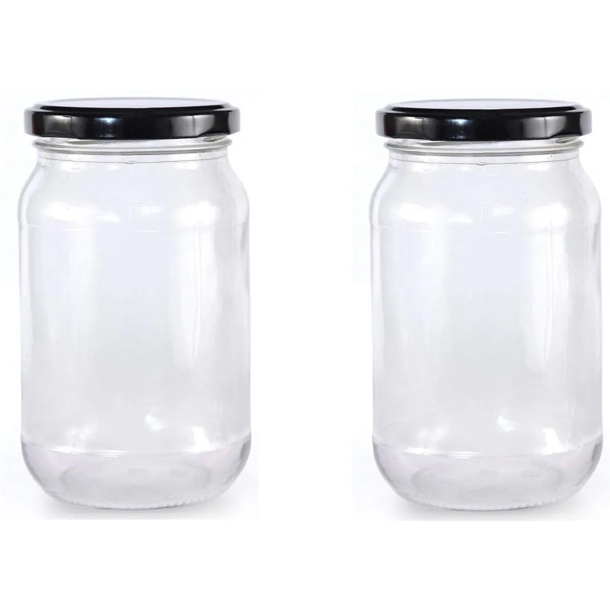 Two transparent cylindrical glass storage jars with glossy black lids