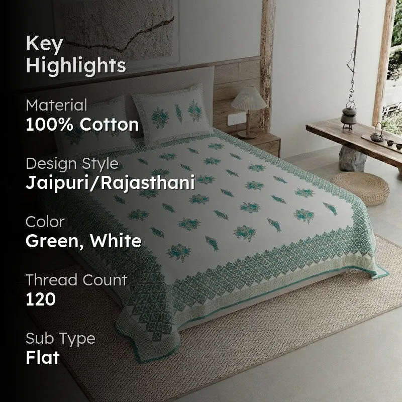 Ethnic Bloom Cotton Bedsheet (Green,White) - 120 TC media 2