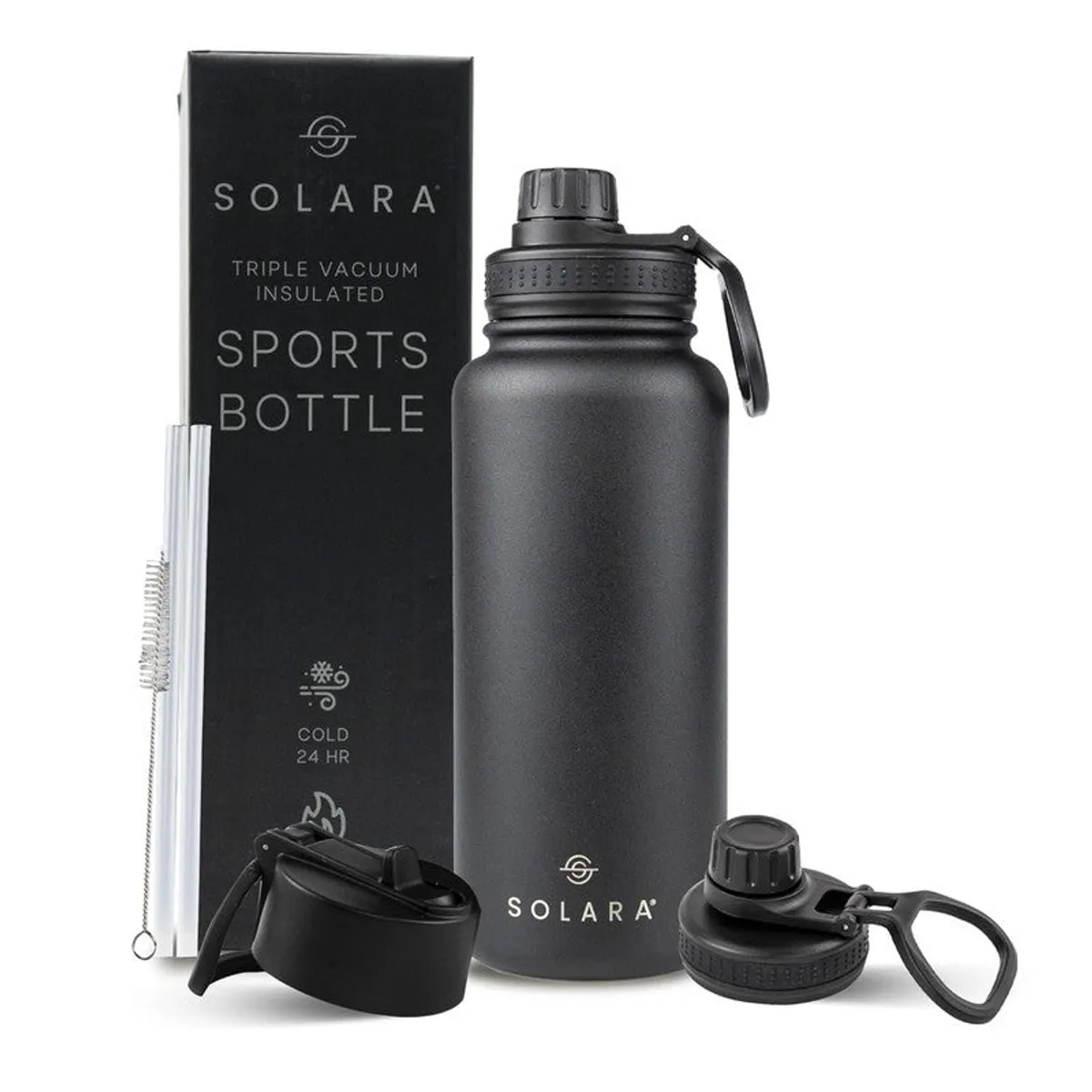 Black Solara bottle with two lids, straws and cleaning brush beside box