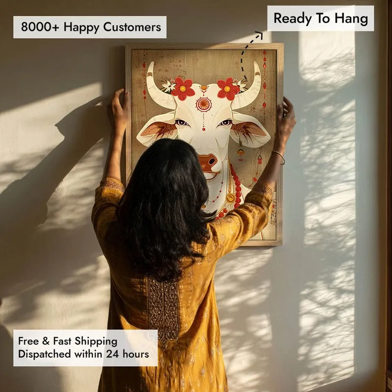 Sacred Cow Folk Art Canvas Wall Painting With Brown Frame media 9