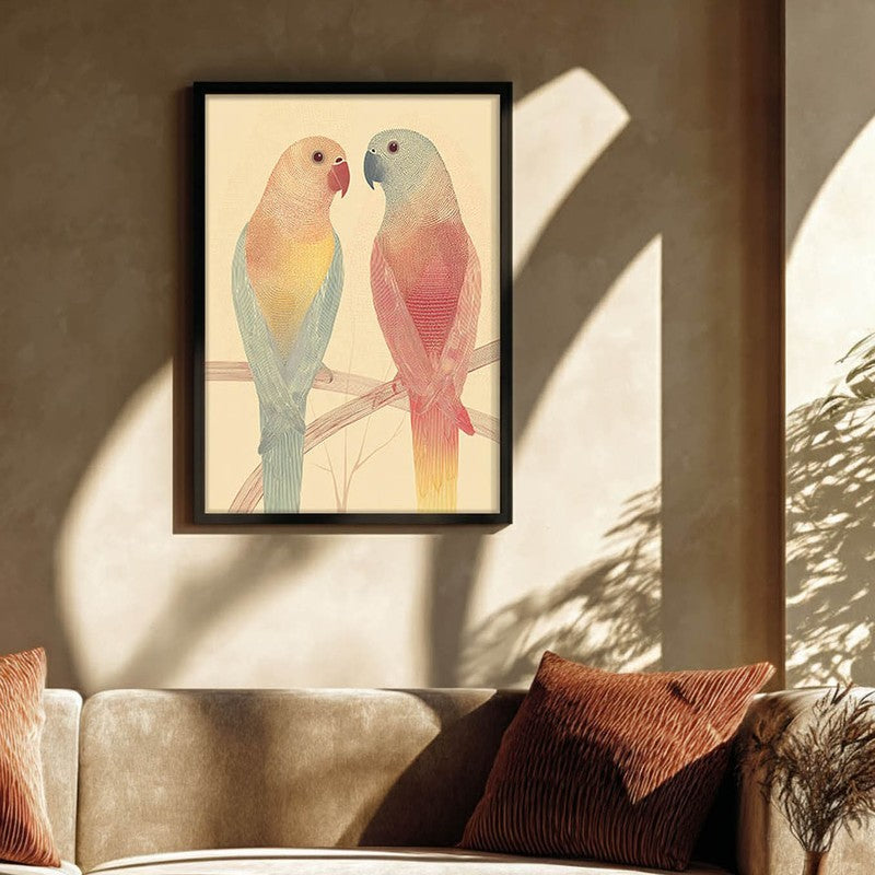 Lovebirds Illustration Canvas Wall Painting With Black Frame