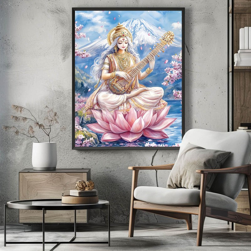 Vidya Dhayini Spiritual Archival Paper Wall Painting With Frame - Black media 3