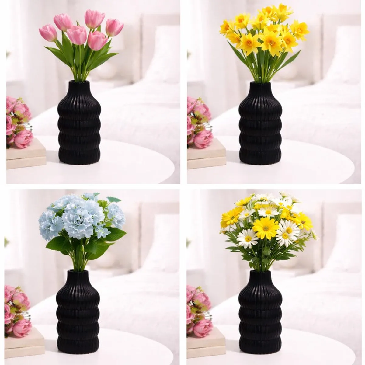 Collage of the black vase styled with pink, yellow, blue and white flower arrangements