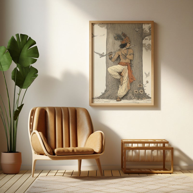 Lord Krishna Playing Fluit Archival Paper Wall Art - Natural Brown Frame