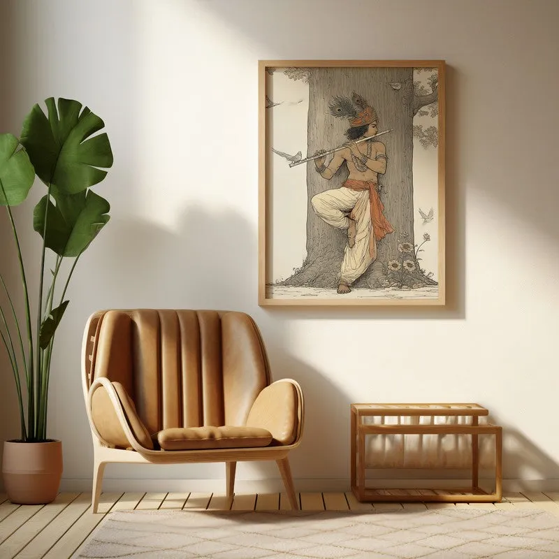 Lord Krishna Playing Fluit Archival Paper Wall Art - Natural Brown Frame media 1