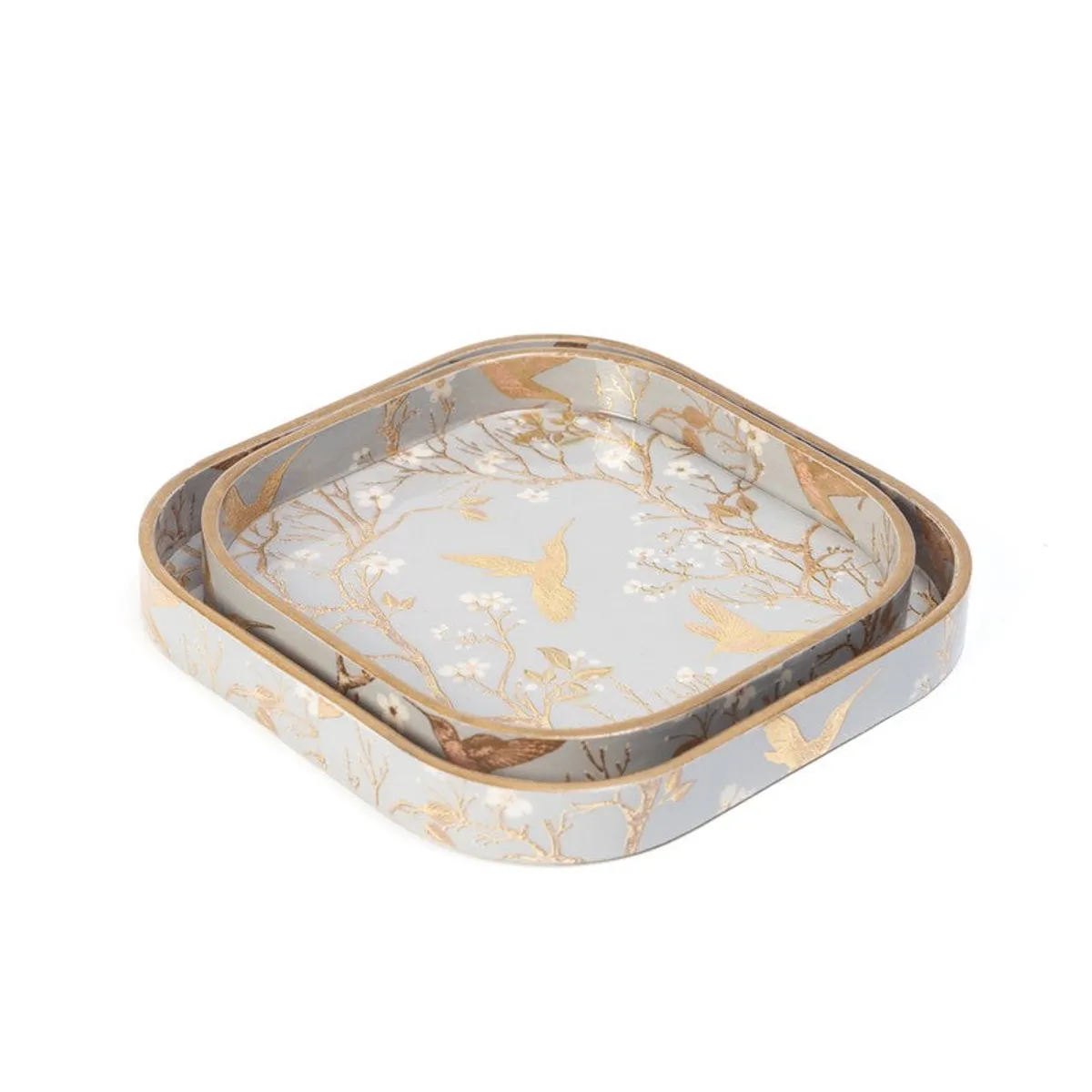 Two nested grey trays showing their rounded square shape and raised edges