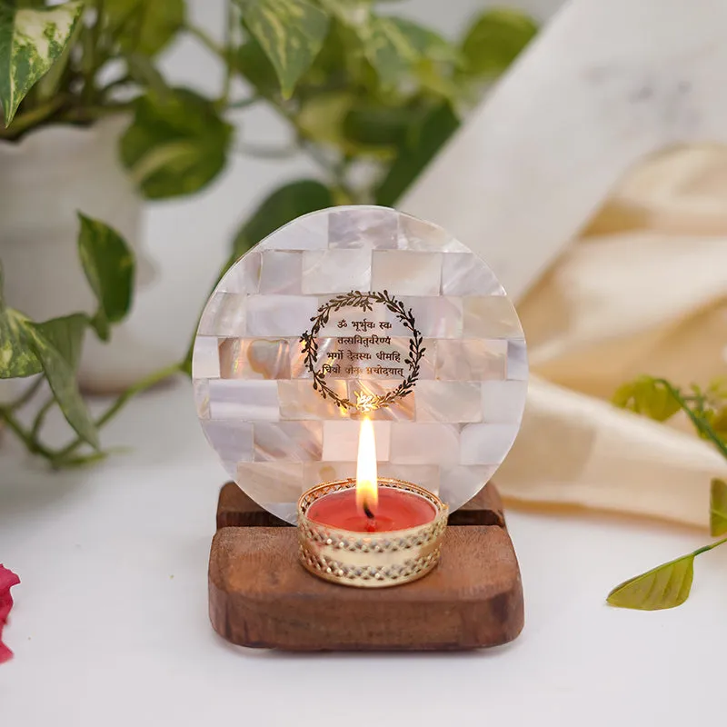 Nacre Gayatri Mantra Mother Of Pearl Religious Tea Light Holder media 5