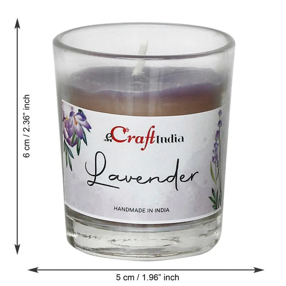 Single purple lavender candle in a clear cylindrical glass holder