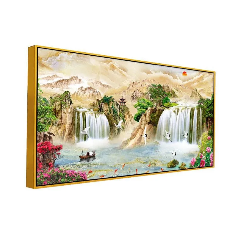 Savannah Waterfalls Landscape Canvas Wall Painting With Frame - Gold media 3