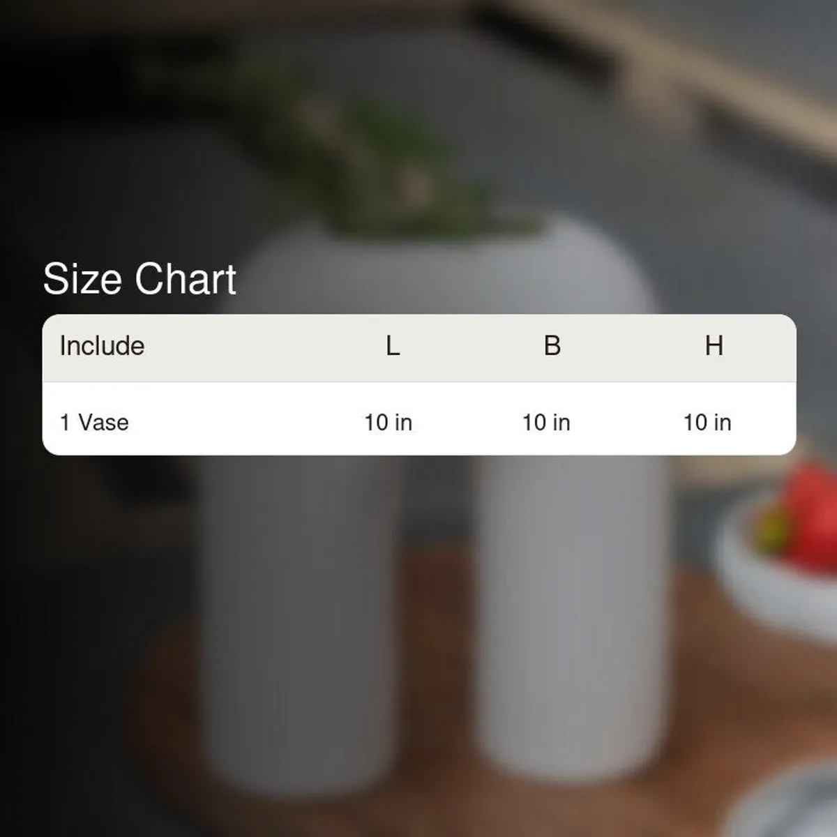 Size chart graphic shown over the vase image