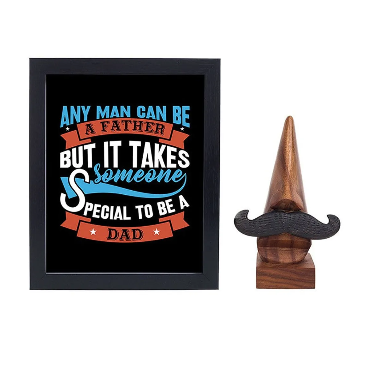 Black typography photo frame and wooden moustache spectacle holder shown together