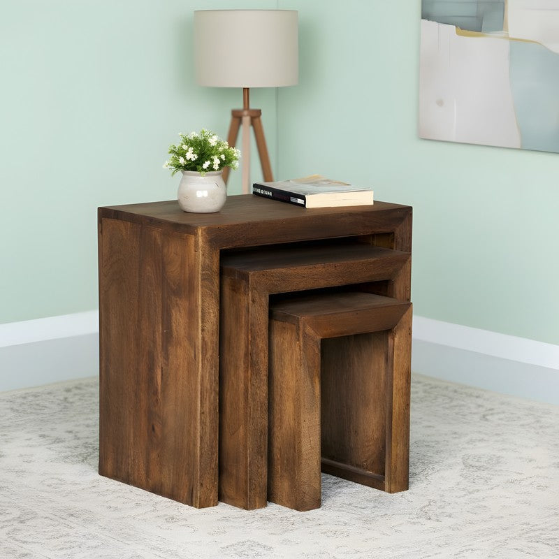 Sverox Sheesham Wooden Side & Bedside Table (Dark Brown) - Set Of Three