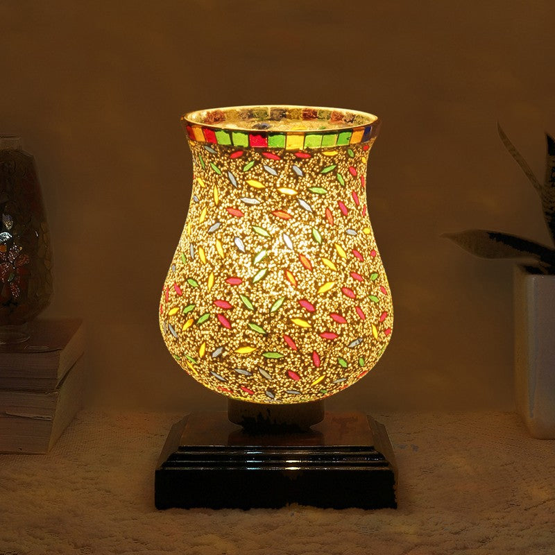 Auralin Mosaic Glass Table Lamp With Wooden Base - Multicolor