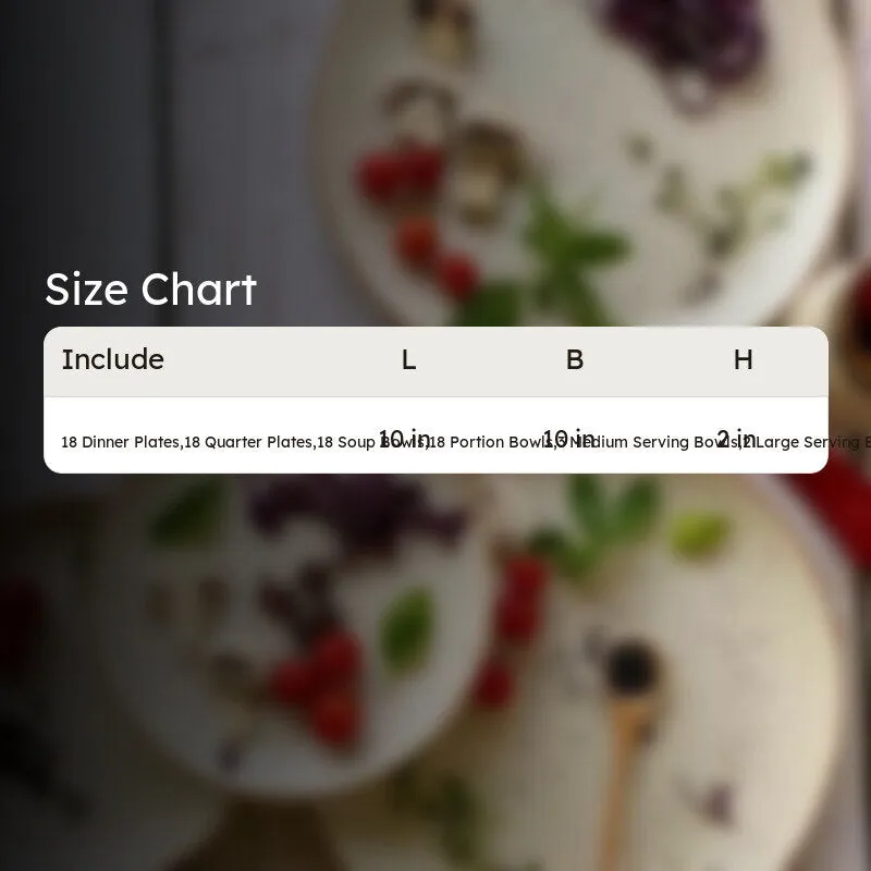 Blurred dinnerware background with size chart overlay
