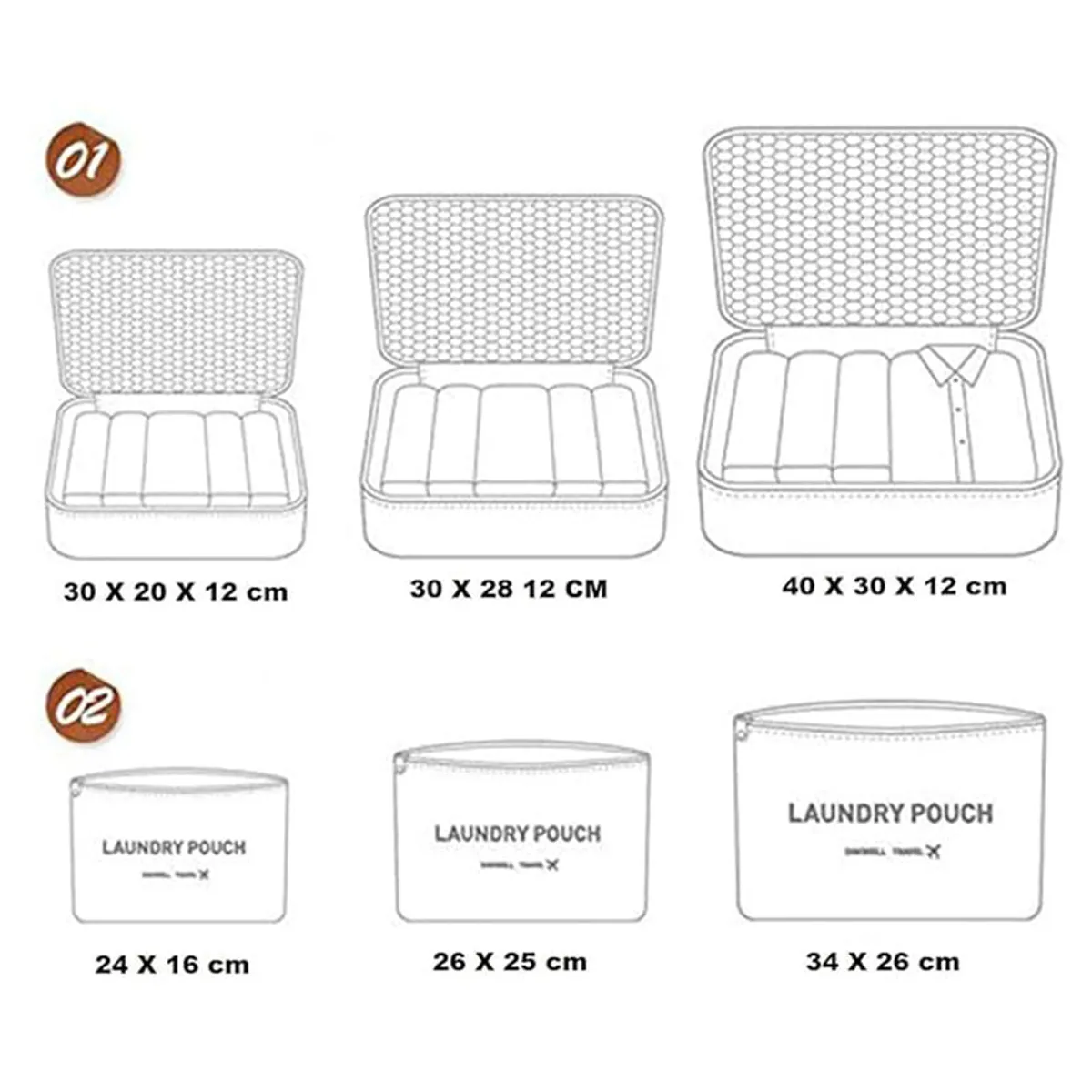 Line drawing showing the six organiser sizes