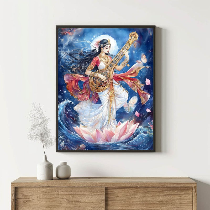 Meditating Govinda Spiritual Archival Paper Wall Painting With Frame - Black