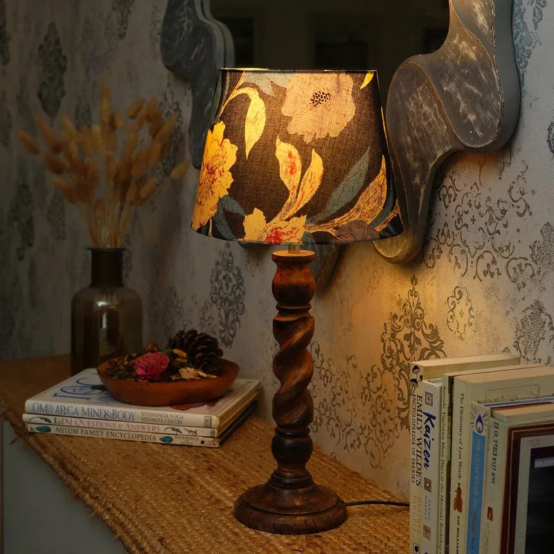 Nocturne Floral Wooden Base Cotton Table Lamp - Multicolor media 1