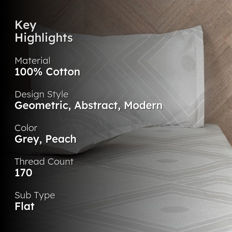 Neinia Printed Reversible Cotton Bedsheet (Grey,Peach) - 170 TC media 2