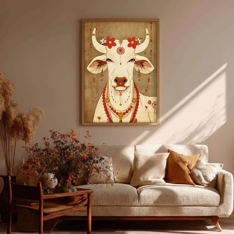 Sacred Cow Folk Art Canvas Wall Painting With Brown Frame media 8