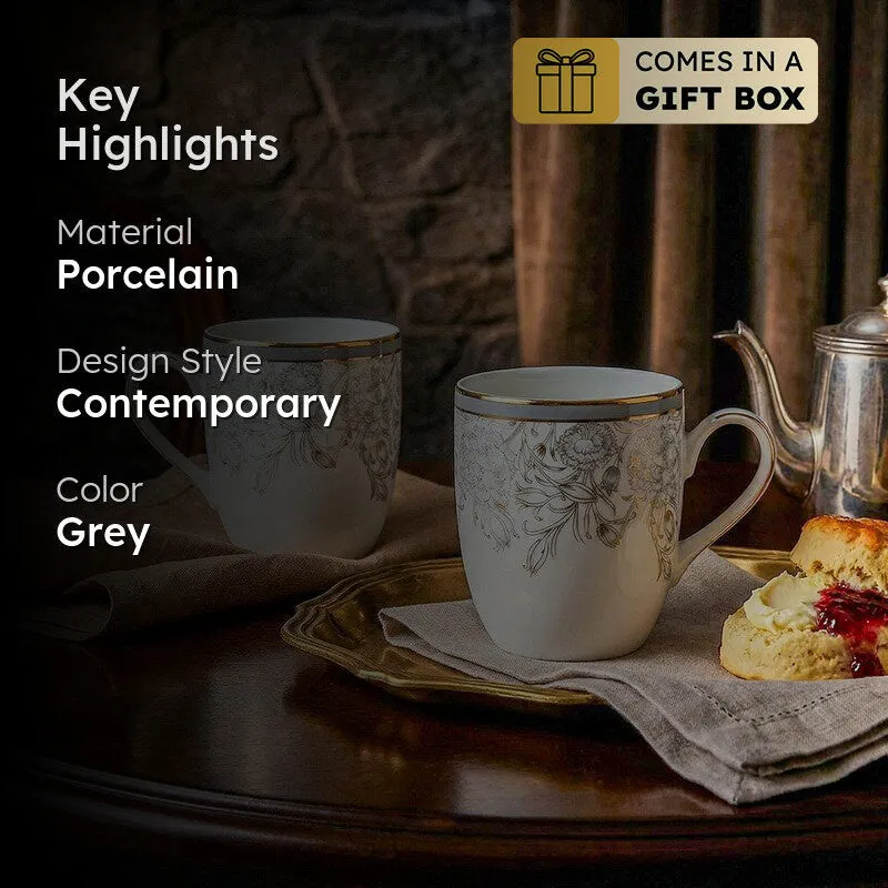 Gilded Iris Coupe 24k Gold Brushed Porcelain Coffee Mug(280 mL Each/Grey) - Set Of Two media 2