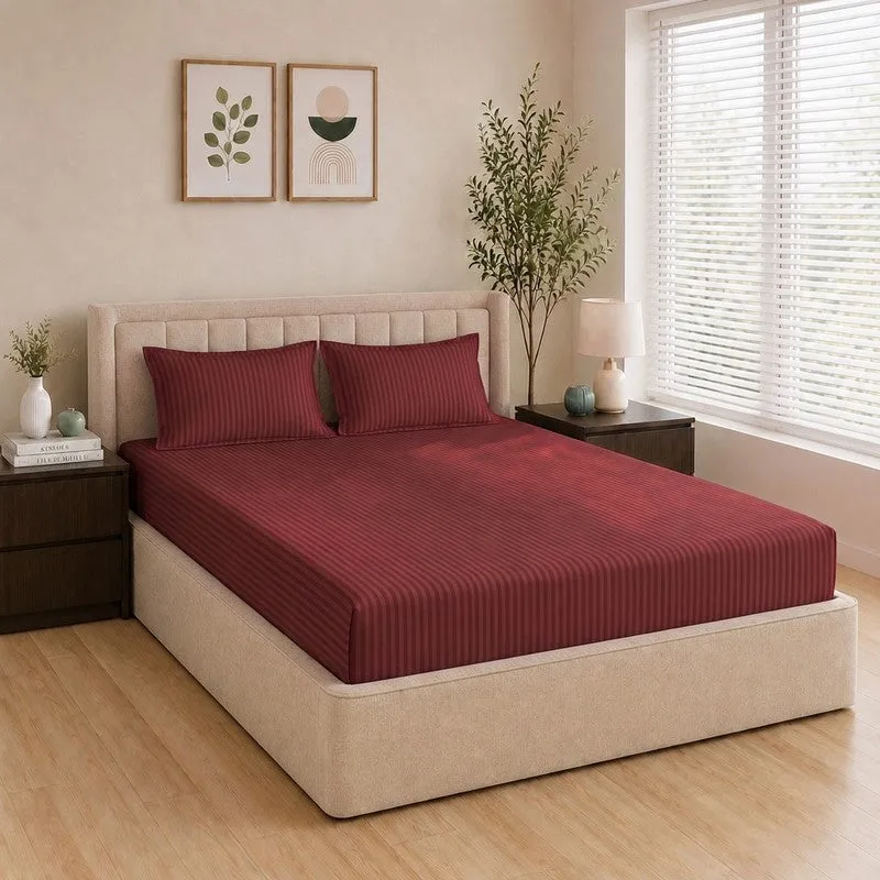 StripeScape Glace Cotton Fitted Bedsheet (Maroon) - 130 GSM - 3