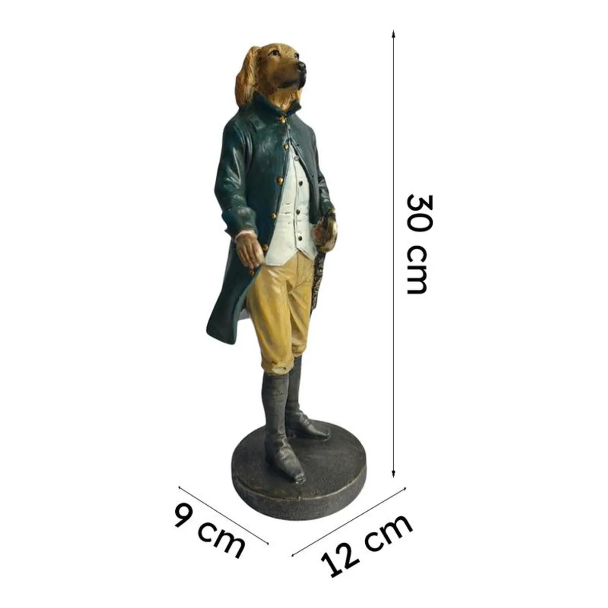 Dog gentleman showpiece shown against a plain background with dimension arrows