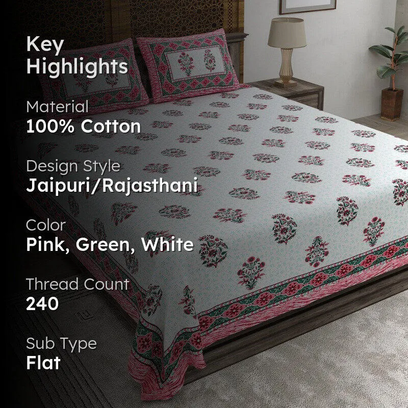 Royally Cotton Bedsheet (Pink,Green,White) - 240 TC media 2
