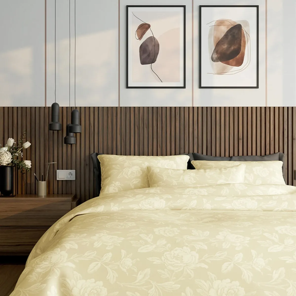 Ivory floral bedsheet styled across a bed in a modern bedroom