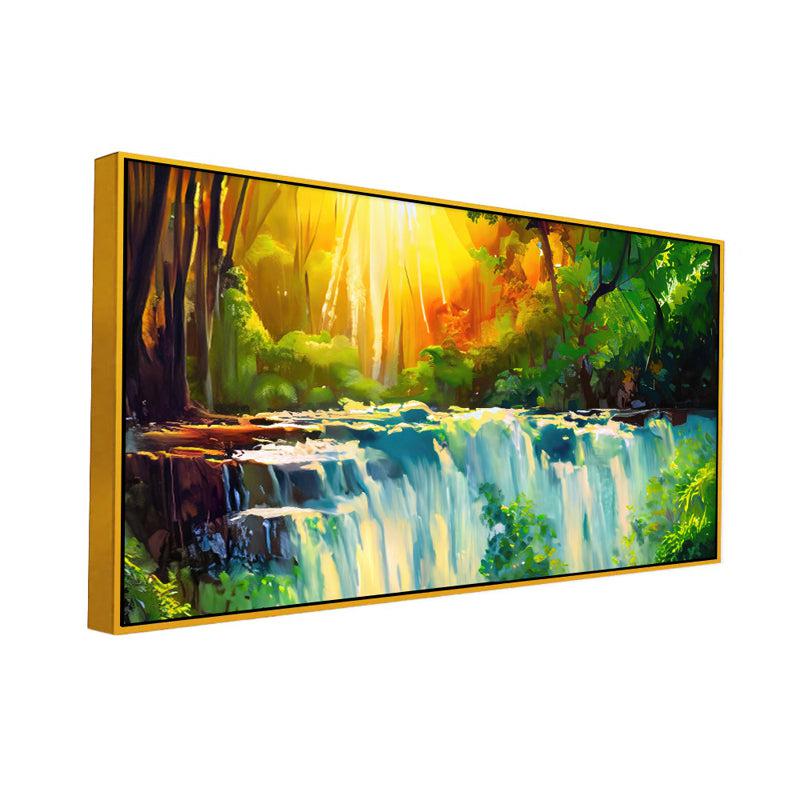 Sunlit Forest Waterfall Landscape Canvas Wall Painting With Frame - Gold media 3