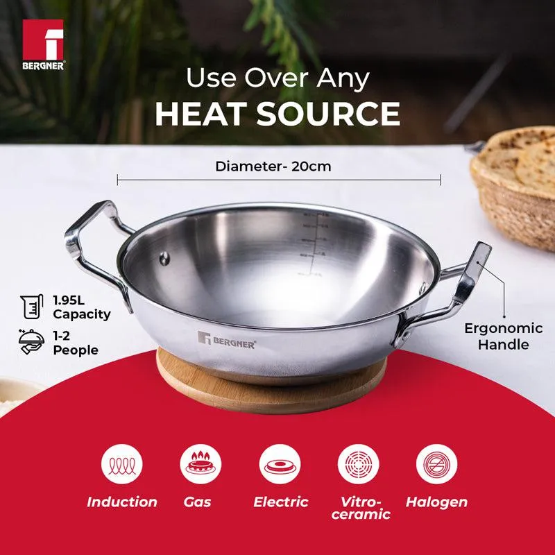 Bergner Induction Safe Deep Kadhai With Lid - 2000 mL/8 Inches media 3