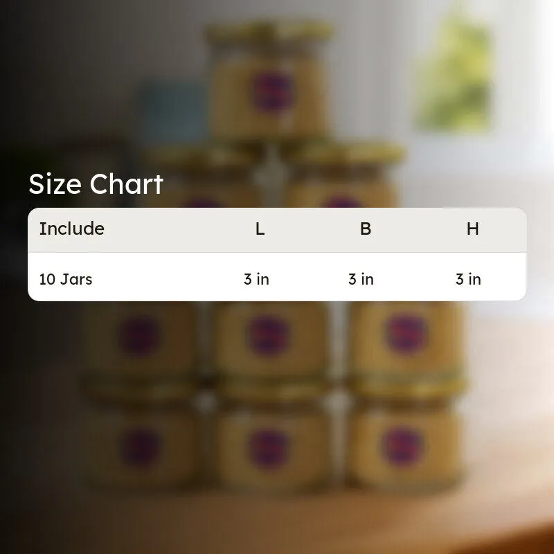 Glass storage jar size chart showing 10 jars with length, breadth and height details.