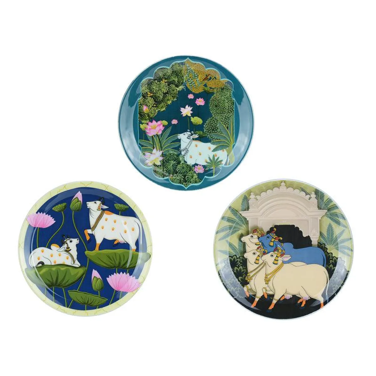 Three colourful round wall plates arranged in a triangular display