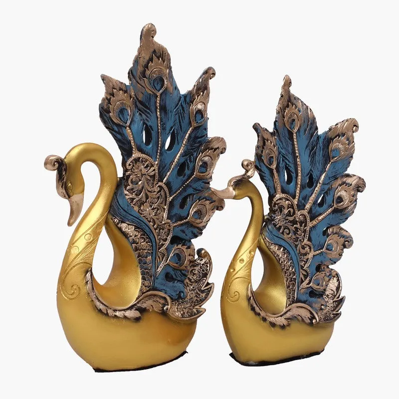Regal Peacock Polyresin Showpiece (Gold) - Set Of Two media 3