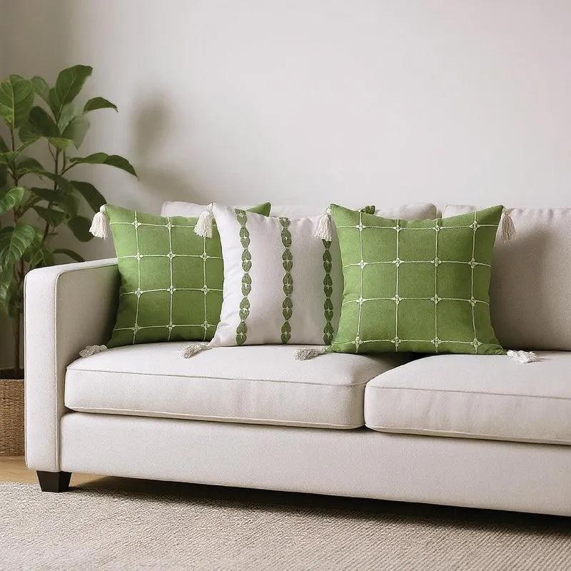 Urban Space SoftWeft White,Green Cotton Cushion Cover Set -  Set of Three media 1