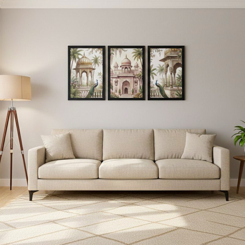 Regal Archway & Peacock Wall Painting With Frame - Set Of Three