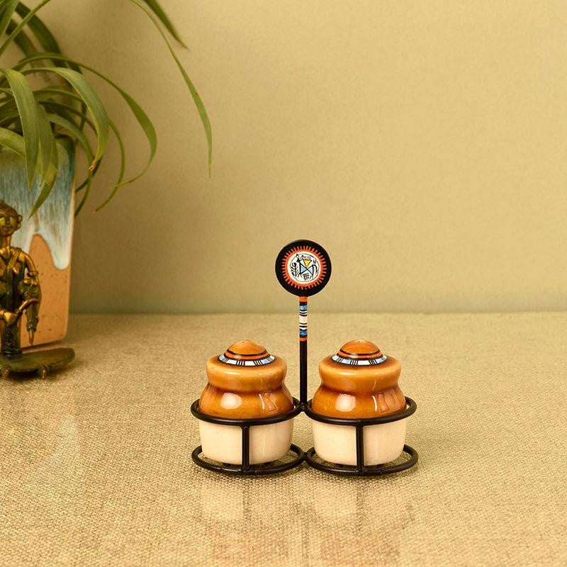 Arusha Ceramic Jar Set With Metal Tray - Three Piece Set