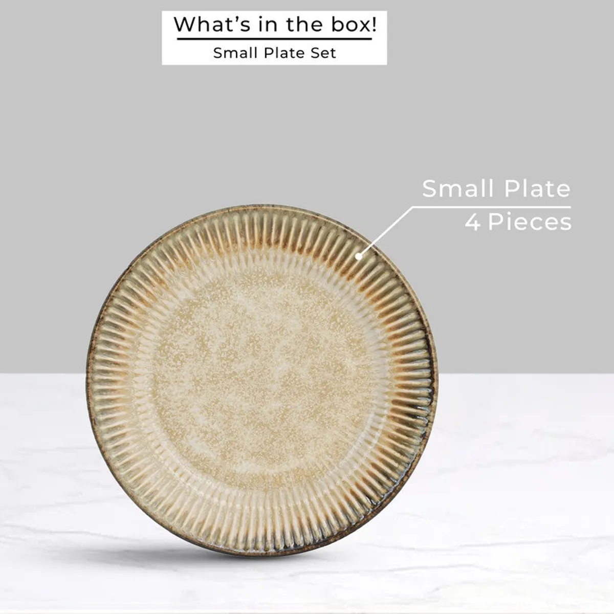 Single round beige ceramic quarter plate shown from above