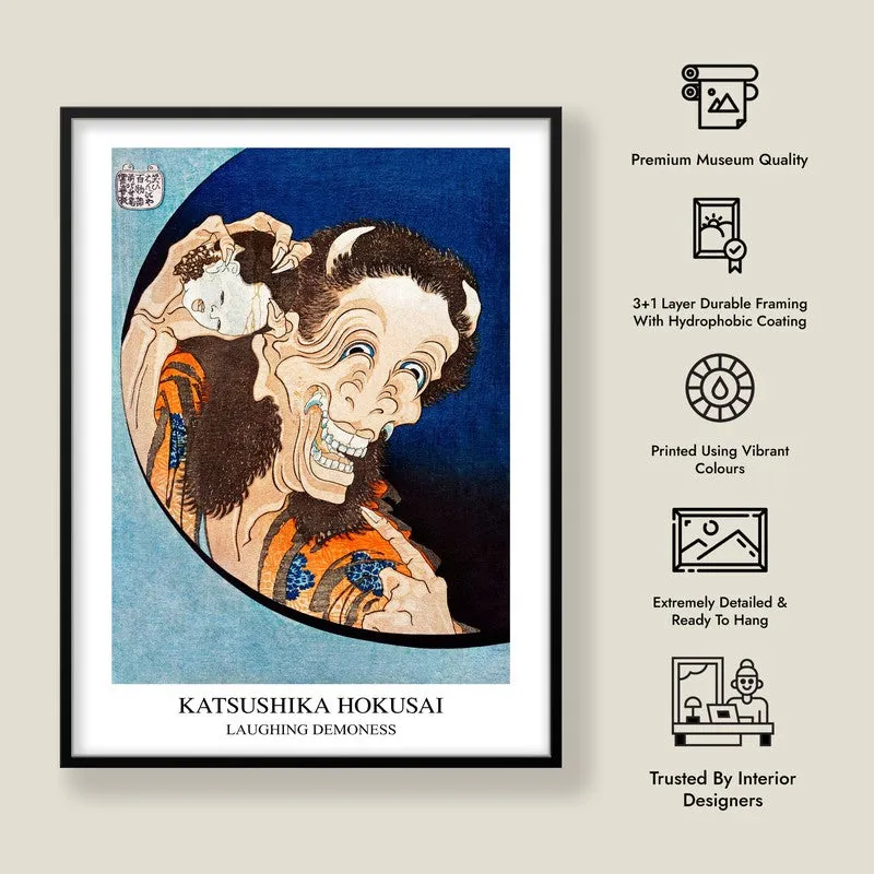 Laughing Demoness Katsushika Hokusai Archival Canvas Wall Painting - Black Frame media 8