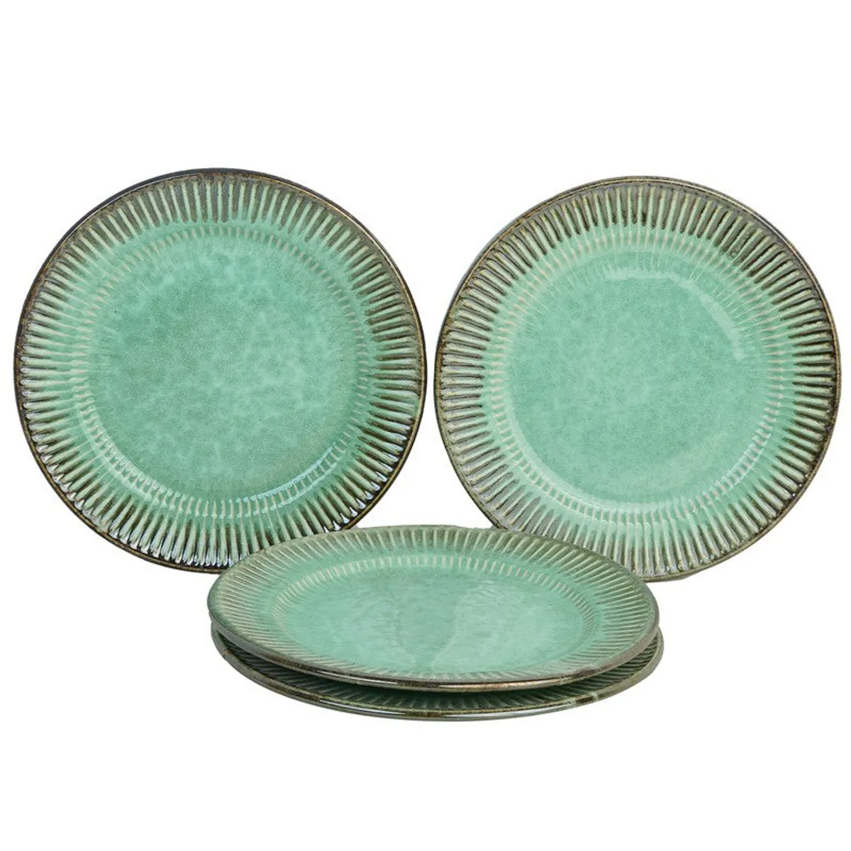 Four green ceramic dinner plates displayed against a white background.