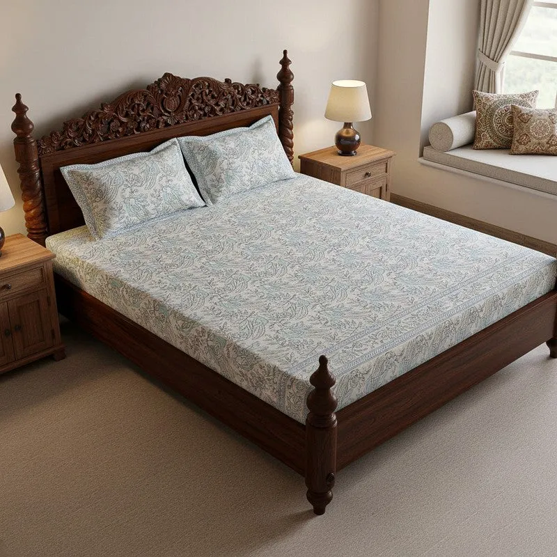 Irava Floral Cotton Bedsheet (Blue,Grey) - 144 TC media 1