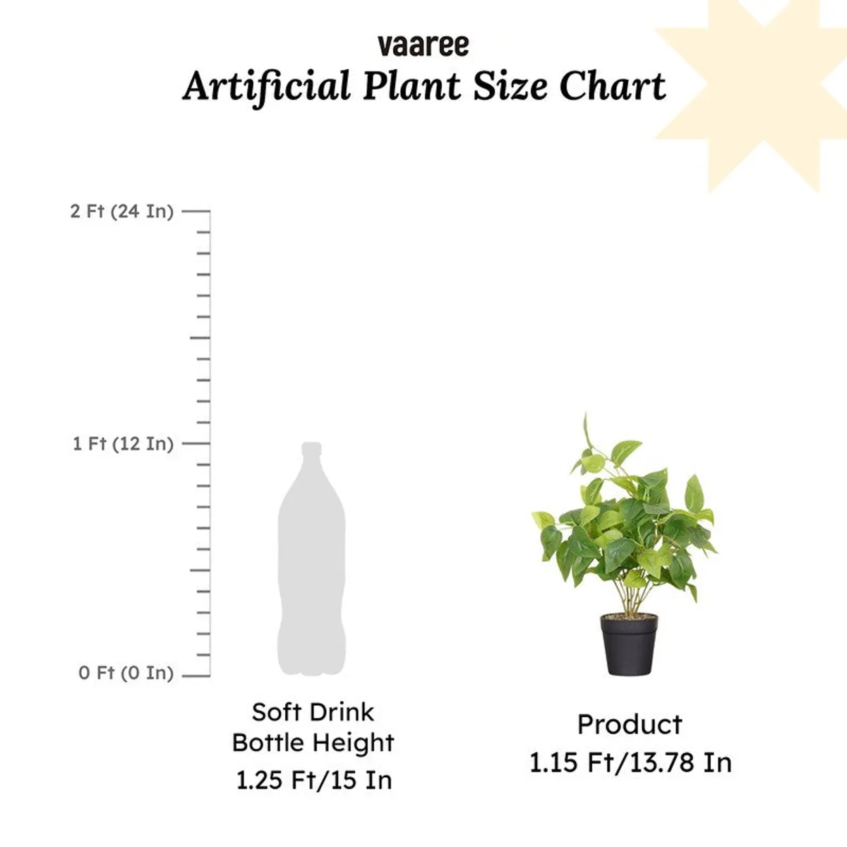 Artificial pothos plant shown beside a height comparison graphic