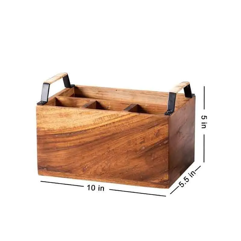 Brown rectangular cutlery holder shown with its 10-inch, 6.5-inch and 5-inch dimensions