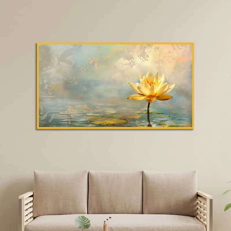 Luminous Lotus Floral Canvas Wall Painting With Frame - Gold media 6