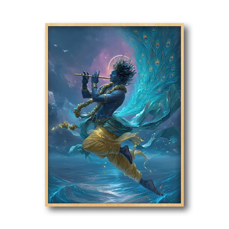 Lord Krishna in Celestial Radiance Archival Paper Wall Art - Natural Brown Frame media 5