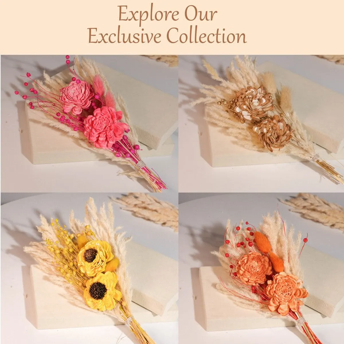 Four colour variations of dried flower bunches arranged on cream boxes