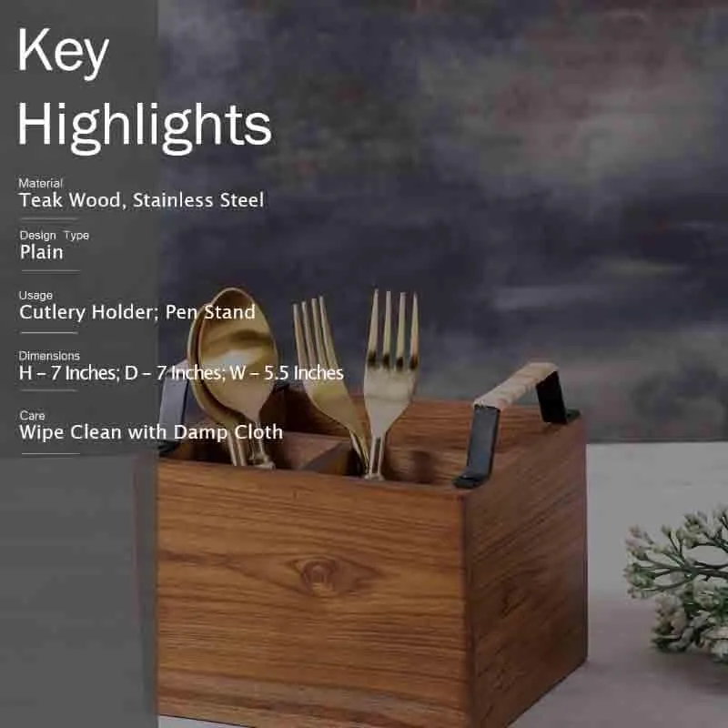 Rustic Wooden Cutlery Stand with Metal Handles media 6