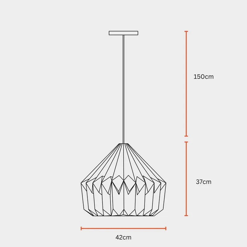 Line drawing of a pendant lamp with hanging cord and overall proportions